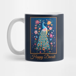 Blue Folk Art Peacock & Pink Flowers Happy Diwali Deepavali Celebration Mug